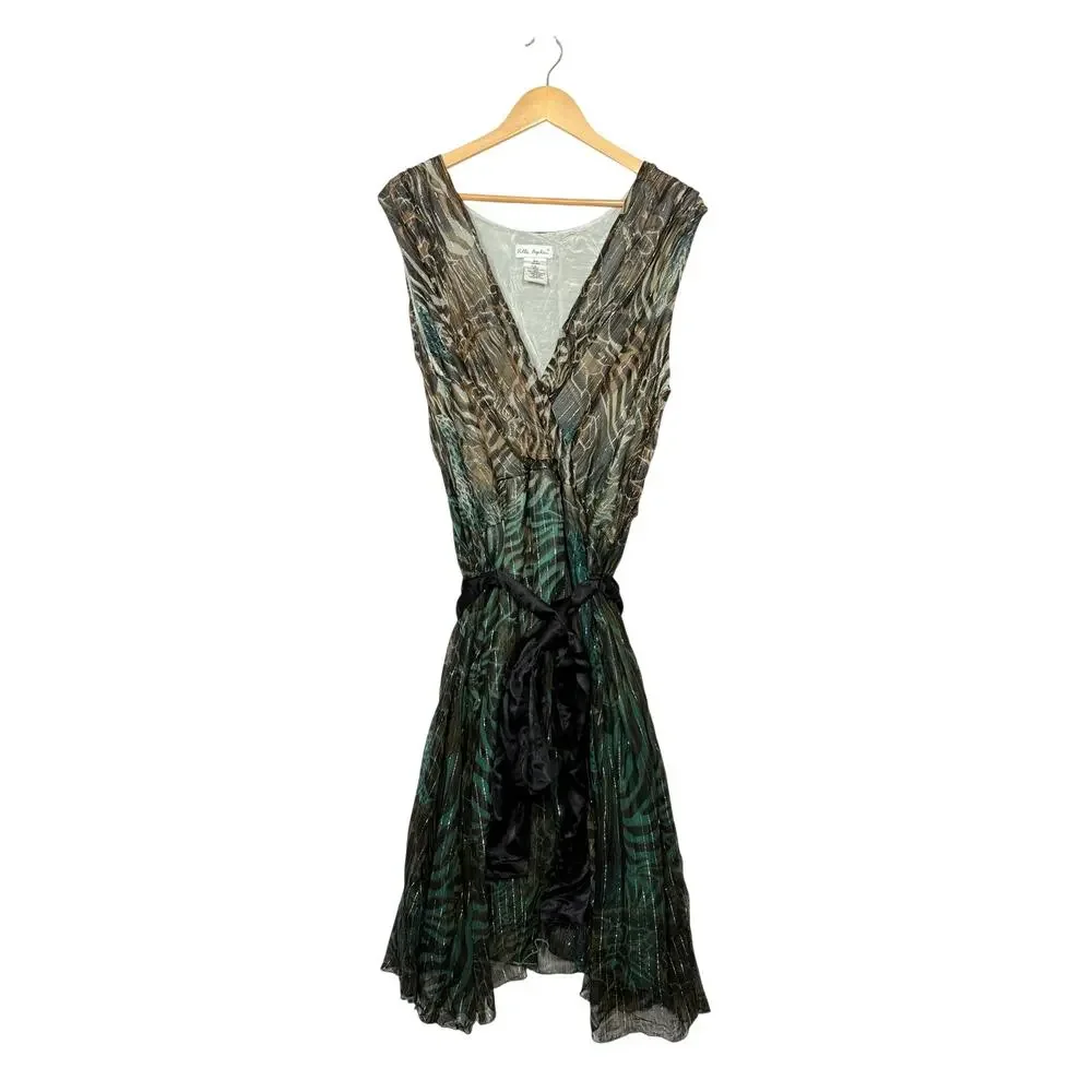 Ulla Popken Chiffon Midi Dress Size 20/22 Green Animal Print Metallic‎ Tie Waist